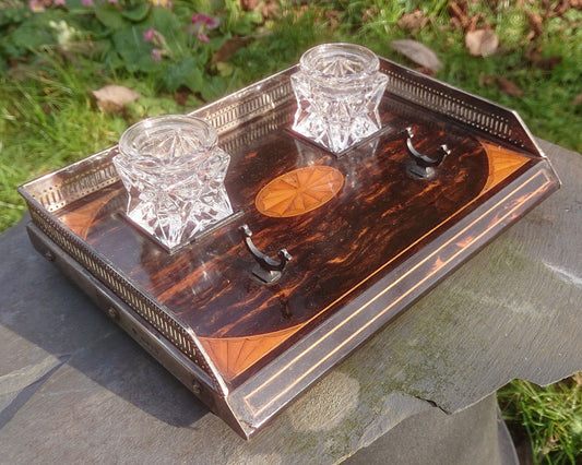 Coromandel and Satinwood Pen and Ink Tray With Silver Mounts and Feet by Rupert Favell dated 1886