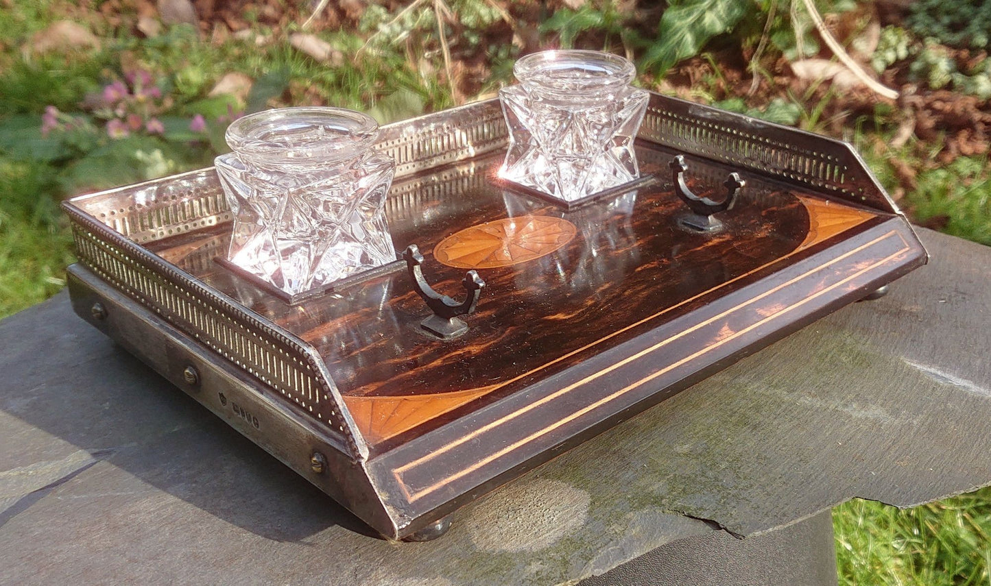 Coromandel and Satinwood Pen and Ink Tray With Silver Mounts and Feet by Rupert Favell dated 1886