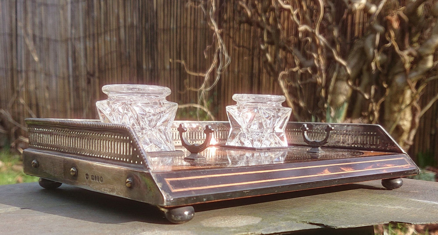 Coromandel and Satinwood Pen and Ink Tray With Silver Mounts and Feet by Rupert Favell dated 1886