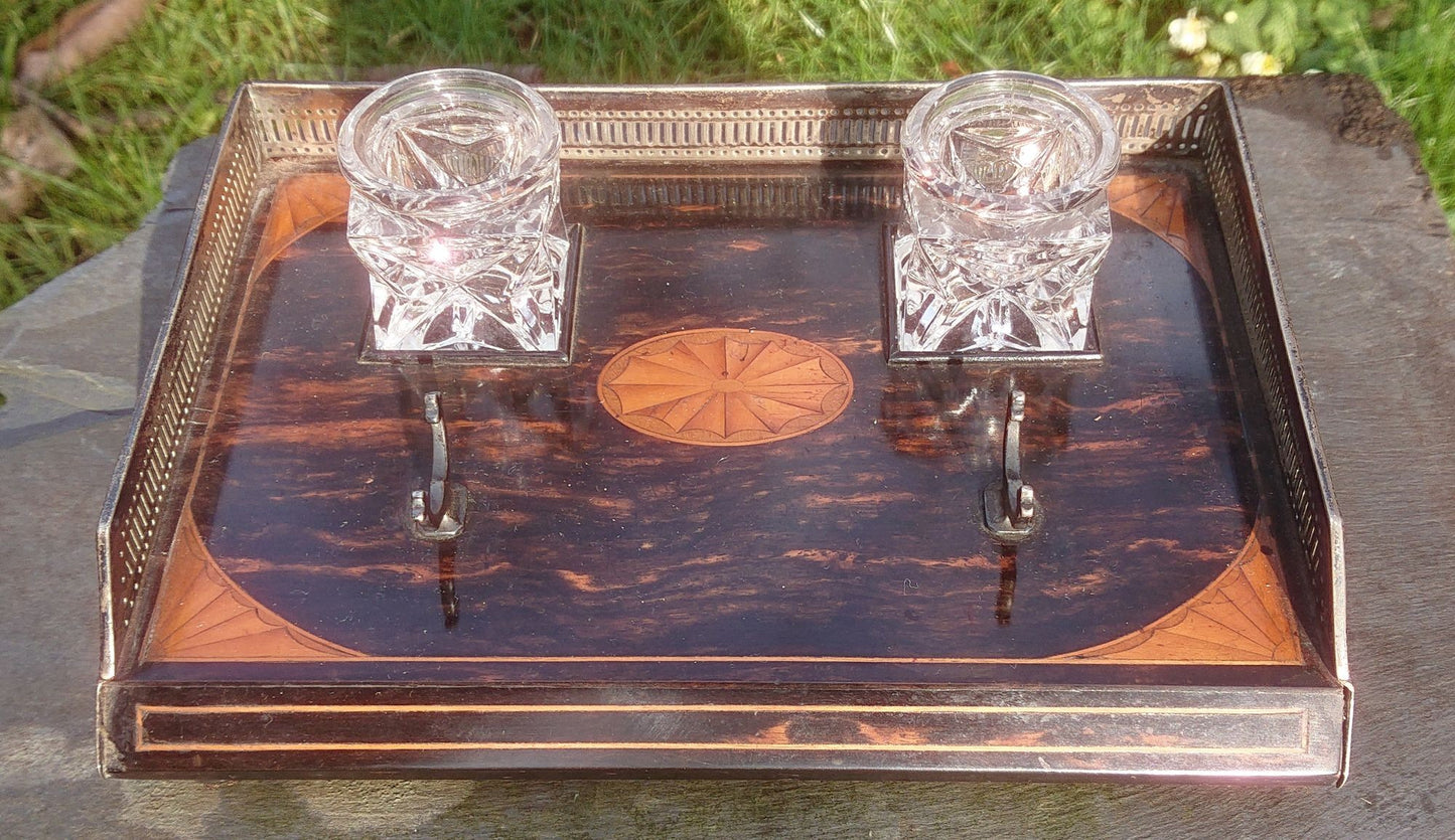 Coromandel and Satinwood Pen and Ink Tray With Silver Mounts and Feet by Rupert Favell dated 1886
