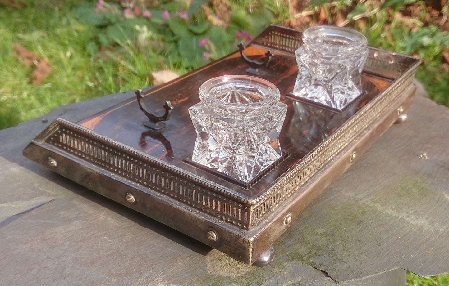 Coromandel and Satinwood Pen and Ink Tray With Silver Mounts and Feet by Rupert Favell dated 1886