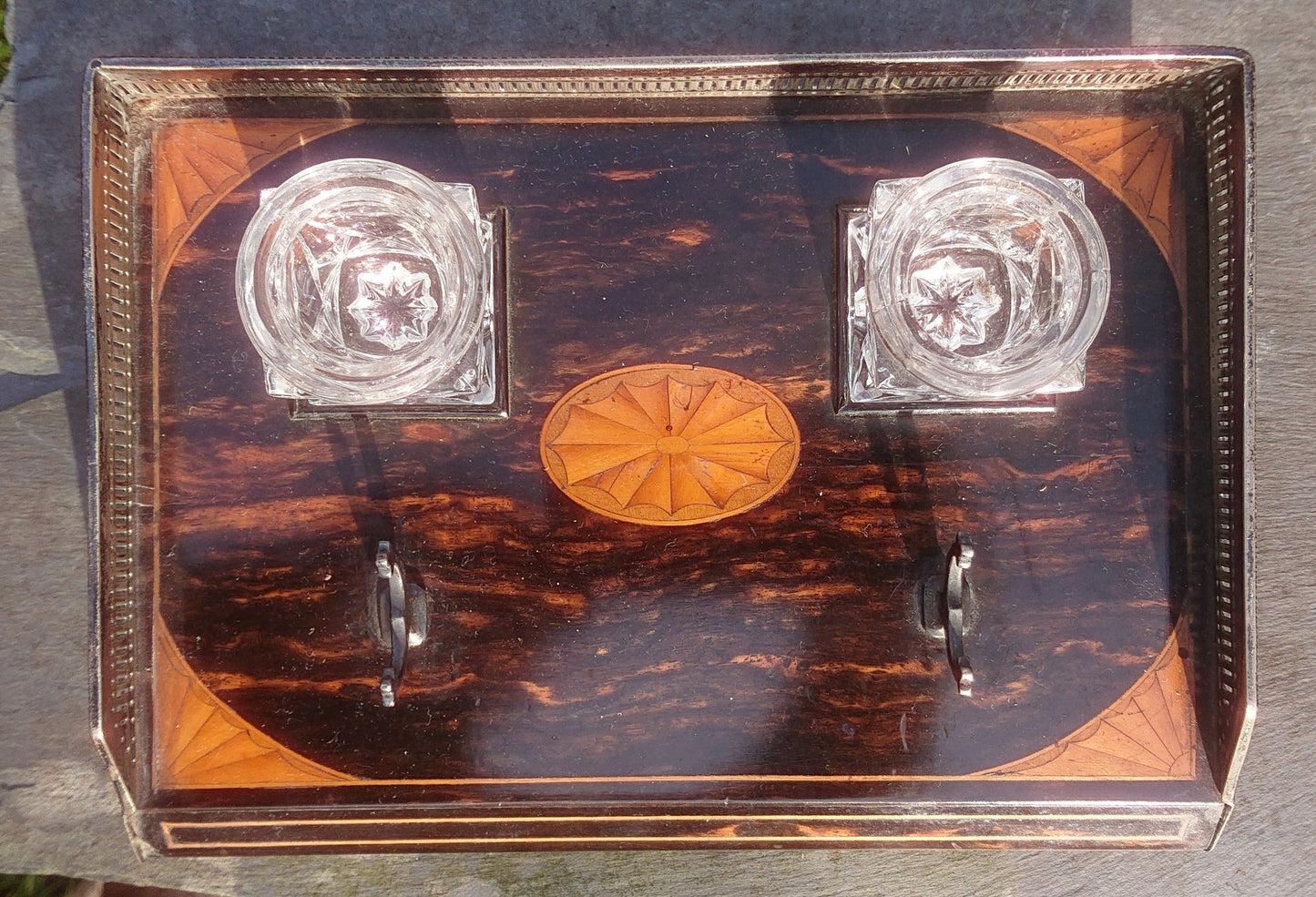 Coromandel and Satinwood Pen and Ink Tray With Silver Mounts and Feet by Rupert Favell dated 1886